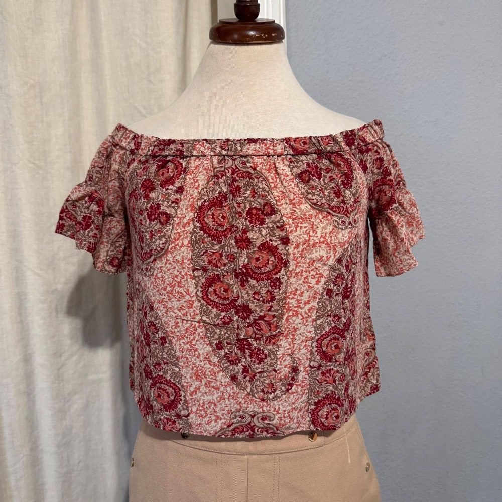 Madewell‎ 100% Silk Floral Off Shoulder Top Size S Cropped Bohemian Blouse
